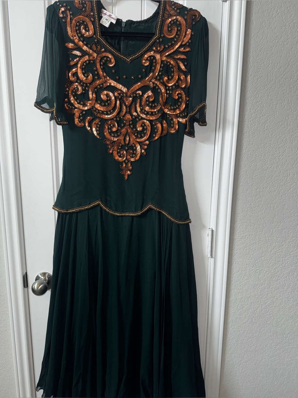 Vintage Green Dress with Ornate Copper Sequin Embellishment bridgerton regal